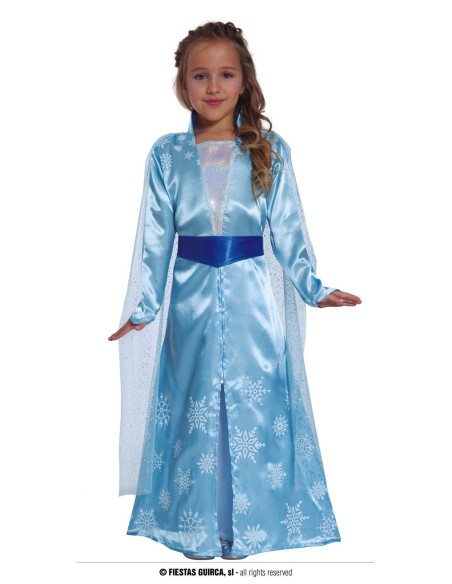Bambina indossa costume principessa Elsa azzurro con mantello e decorazioni fiocchi neve