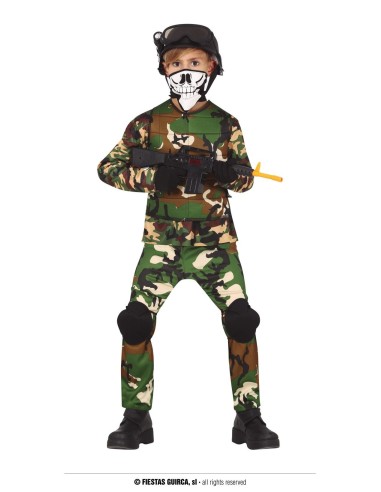 Costume militare mimetico verde e marrone con maschera per bambino soldato Halloween Carnevale