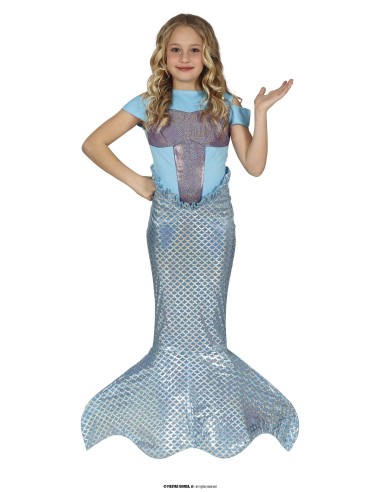 Costume sirenetta azzurro bambina con coda scintillante e top coordinato per feste a tema