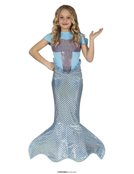 Costume sirenetta bambina blu con coda glitterata e top azzurro-viola per feste a tema marino