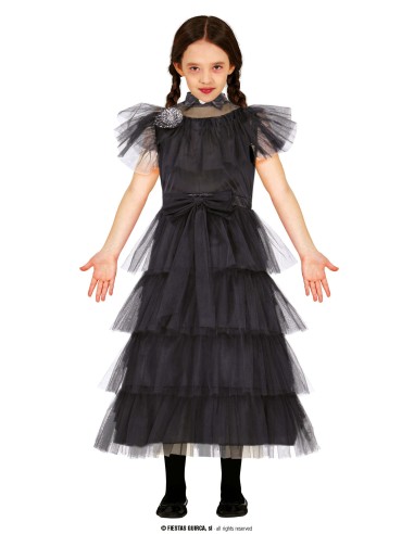 Costume Mercoledì bambina nero con vestito a balze in tulle e maniche a sbuffo per Halloween