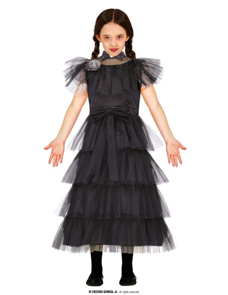 Costume Mercoledì bambina nero con vestito a balze in tulle e maniche a sbuffo per Halloween