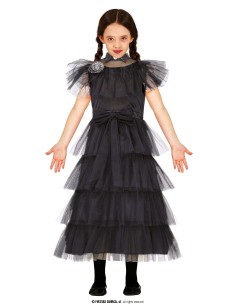 Bambina con costume Mercoledì nero elegante abito tulle balze Halloween
