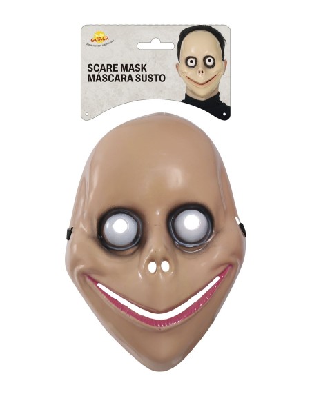 Maschera horror con occhi bianchi e sorriso rosso inquietante per Halloween su sfondo bianco