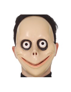 Maschera horror con occhi bianchi e sorriso rosso inquietante per Halloween su sfondo bianco 2