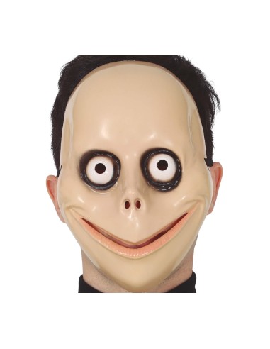 Maschera horror con occhi bianchi e sorriso rosso inquietante per Halloween su sfondo bianco