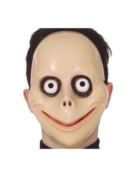 Maschera horror con occhi bianchi e sorriso rosso inquietante per Halloween su sfondo bianco