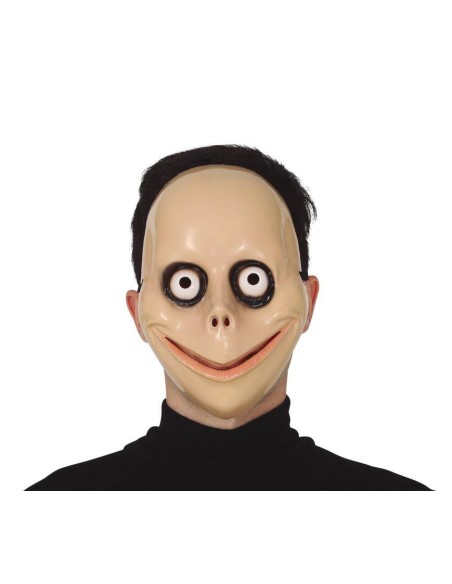 Maschera horror con occhi bianchi e sorriso rosso inquietante per Halloween su sfondo bianco