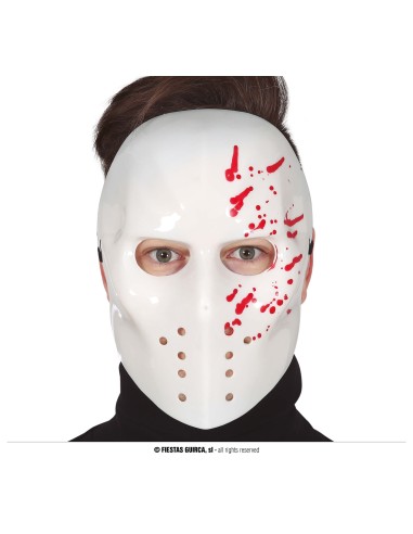 Maschera hockey bianca con macchie sangue rosso per costume Halloween horror spaventoso