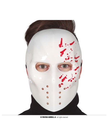 Maschera hockey bianca con macchie sangue rosso per costume Halloween horror spaventoso