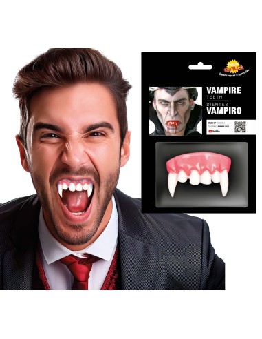 Dentiera vampiro con canini affilati e gengive rosa per costume Halloween horror