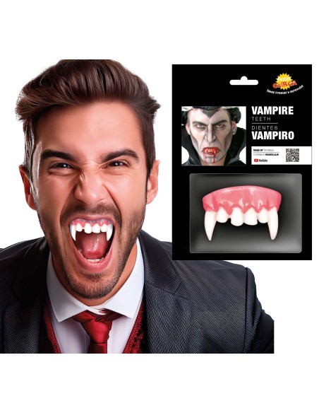 Dentiera vampiro con canini affilati e gengive rosa per costume Halloween horror