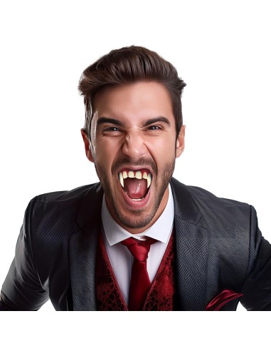 Dentiera vampiro con canini affilati e gengive rosa per costume Halloween horror
