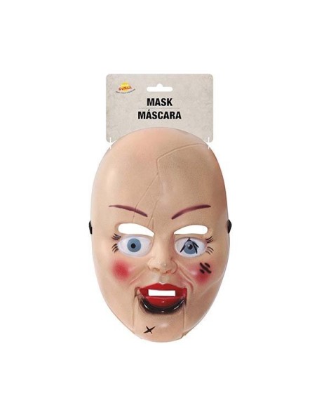 Maschera Halloween bambola spaventosa volto pallido occhi azzurri cicatrici horror