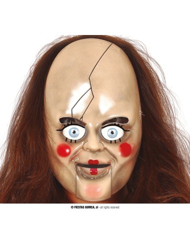 Maschera Halloween bambola spaventosa volto pallido occhi azzurri cicatrici horror