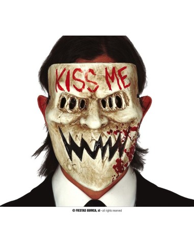 Maschera horror Kiss Me bianca con denti aguzzi e scritte rosse per Halloween