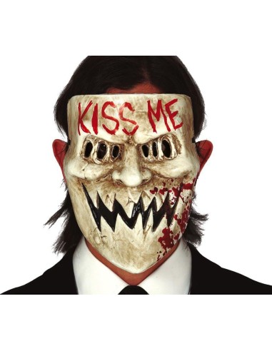 Maschera horror Kiss Me bianca con denti aguzzi e scritte rosse per Halloween