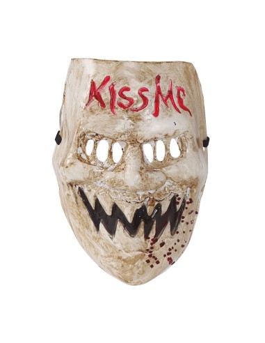 Maschera horror Kiss Me bianca con denti aguzzi e scritte rosse per Halloween