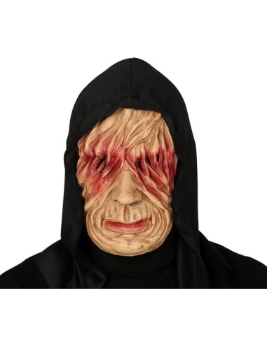Maschera monaco lebroso con cappuccio nero e volto piagato per costume Halloween horror spaventoso