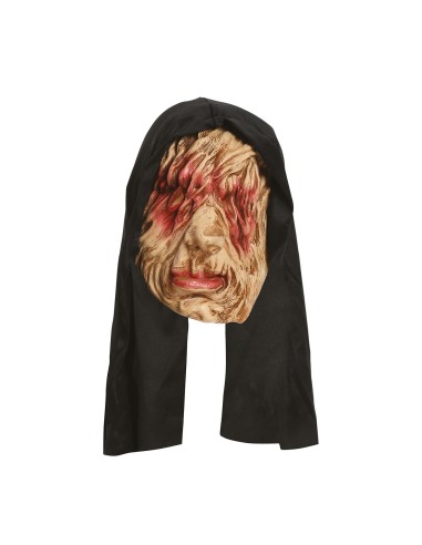 Maschera monaco lebroso con cappuccio nero e volto piagato per costume Halloween horror spaventoso