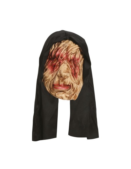 Maschera monaco lebroso con cappuccio nero e volto piagato per costume Halloween horror spaventoso