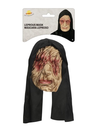 Maschera monaco lebroso con cappuccio nero e volto piagato per costume Halloween horror spaventoso