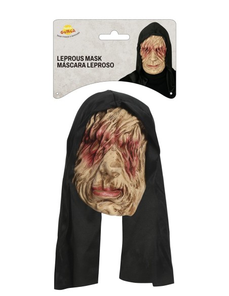 Maschera monaco lebroso con cappuccio nero e volto piagato per costume Halloween horror spaventoso