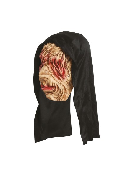 Maschera monaco lebroso con cappuccio nero e volto piagato per costume Halloween horror spaventoso