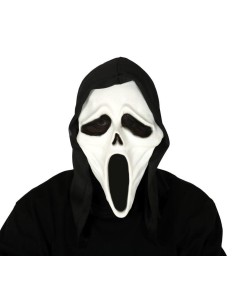 Maschera bianca assassino con cappuccio nero per costume Halloween horror