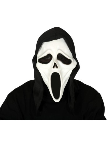 Maschera bianca assassino con cappuccio nero per costume Halloween horror