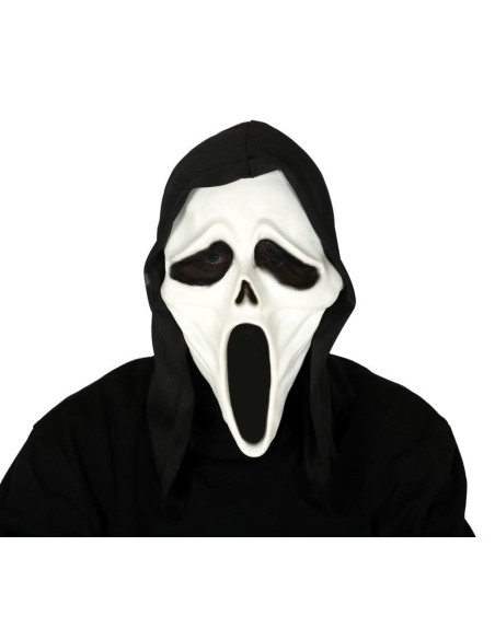 Maschera bianca assassino con cappuccio nero per costume Halloween horror