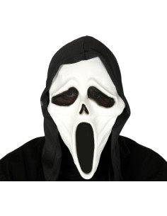 Maschera bianca assassino con cappuccio nero per costume Halloween horror 2