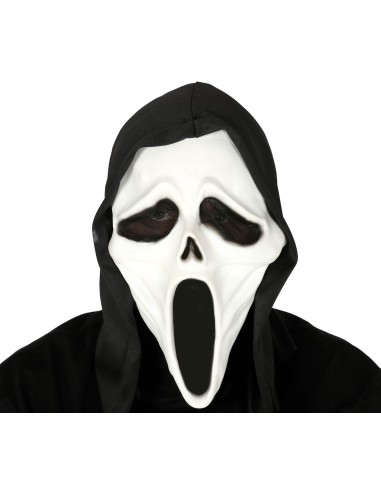 Maschera bianca assassino con cappuccio nero per costume Halloween horror