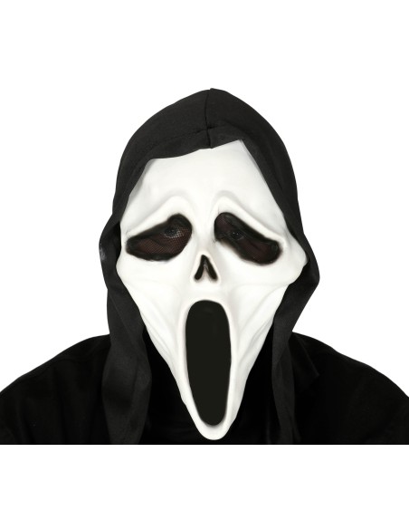 Maschera bianca assassino con cappuccio nero per costume Halloween horror