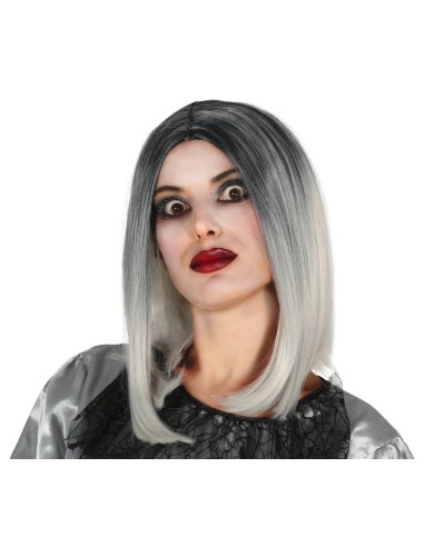 Parrucca caschetto donna bicolore nero bianco con radici scure e punte platino per costume Halloween