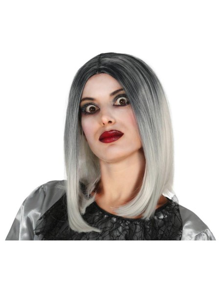 Parrucca caschetto donna bicolore nero bianco con radici scure e punte platino per costume Halloween