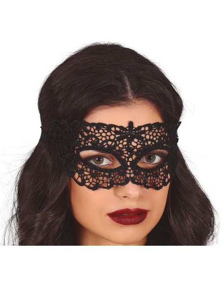 Maschera nera in pizzo con lacci laterali per balli in maschera e feste eleganti
