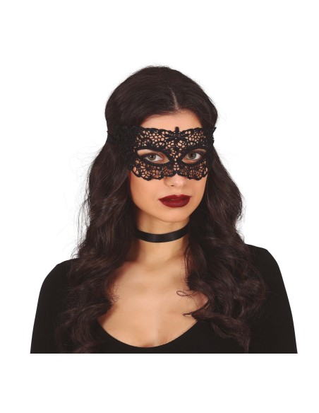 Maschera nera in pizzo con lacci laterali per balli in maschera e feste eleganti