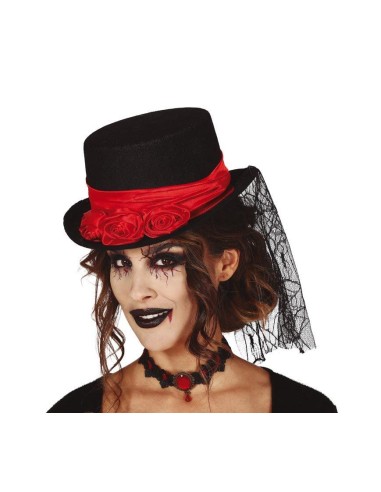 Cilindro nero da vampira in feltro con fascia rossa, rose decorative e velo laterale per Halloween