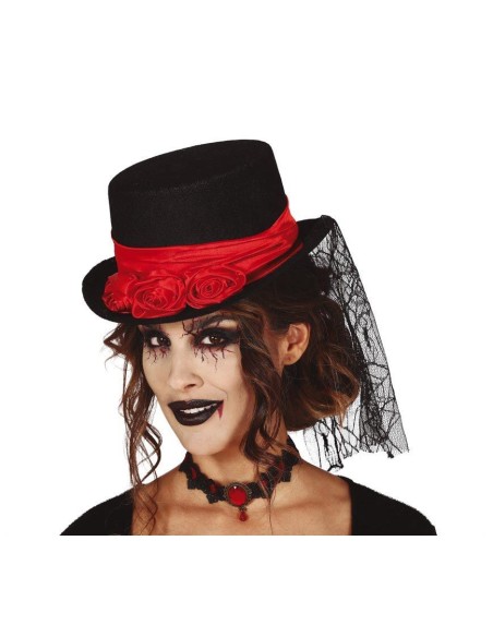 Cilindro nero da vampira in feltro con fascia rossa, rose decorative e velo laterale per Halloween
