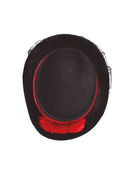 Cilindro nero da vampira in feltro con fascia rossa, rose decorative e velo laterale per Halloween