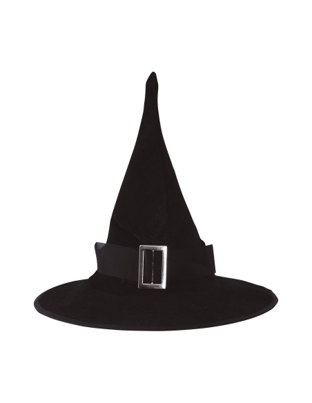 Cappello nero da strega vellutato con punta e fibbia argentata per costume Halloween