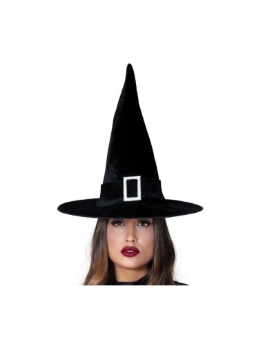 Cappello nero da strega vellutato con punta e fibbia argentata per costume Halloween