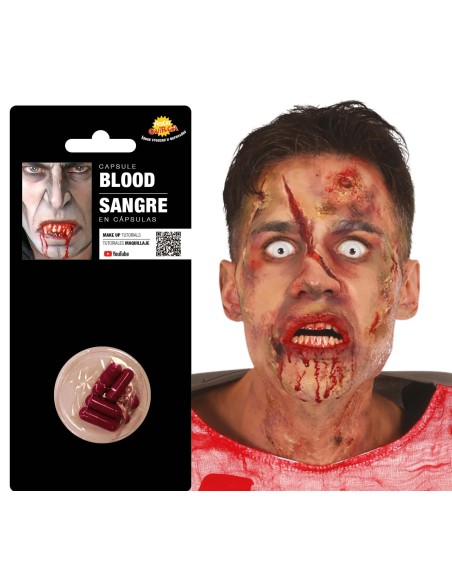 Capsule sangue finto per effetti speciali Halloween con esempio di trucco horror realistico