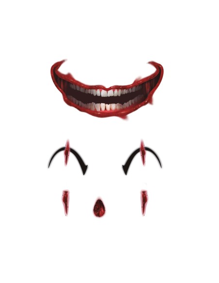 Tatuaggi temporanei viso pagliaccio horror con sorriso rosso sangue per trucco Halloween