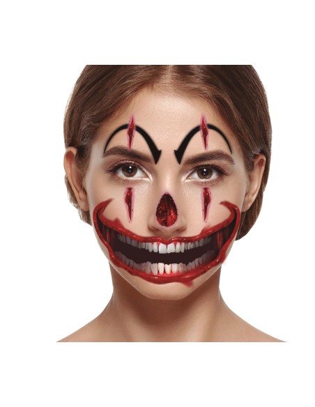 Tatuaggi temporanei viso pagliaccio horror con sorriso rosso sangue per trucco Halloween