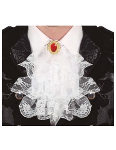 Jabot in pizzo bianco con spilla dorata per costumi Halloween e d'epoca