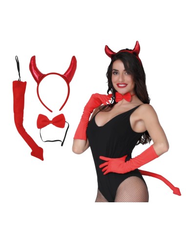 Set accessori diavolessa con corna rosse cerchietto coda e papillon per Halloween donna