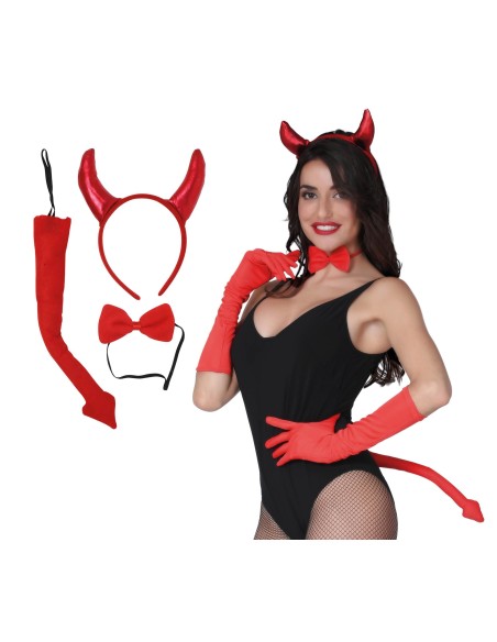 Set accessori diavolessa con corna rosse cerchietto coda e papillon per Halloween donna