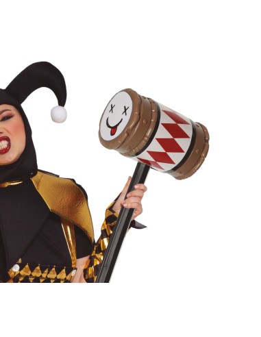 Martello da pagliaccio 79cm con manico nero e testa decorata bianca e rossa per costumi Halloween
